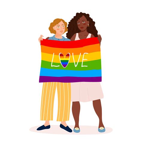 Two Lesbian Girls Hold Gay Pride Day Flag Lgbt Womans Stand Hugging With Rainbow Flag And Word