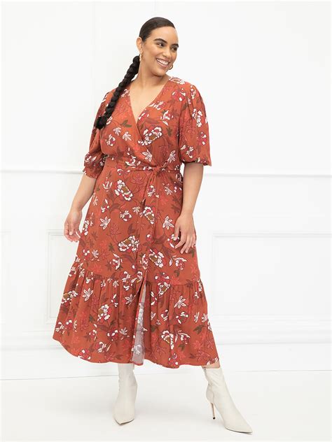 Eloquii Elements Womens Plus Size Folk Print Midi Wrap Dress With Puff Sleeves