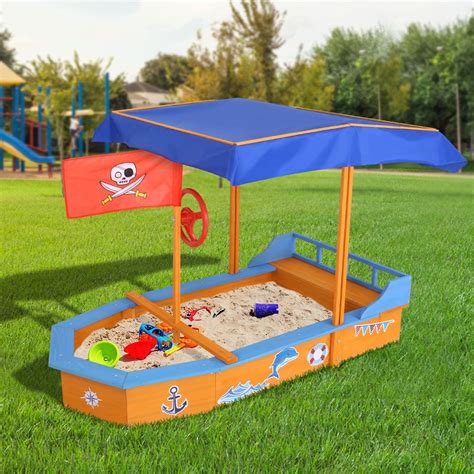 Keezi Kids Boat Sandpit Wooden Outdoor Play Sand Pit Toys Box Canopy