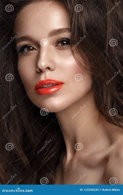Beautiful Brunette Model Volume Curls Classic Makeup And Lips The Beauty Face Stock Image