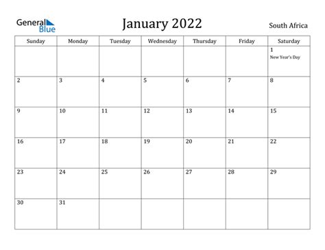 South Africa January 2022 Calendar With Holidays