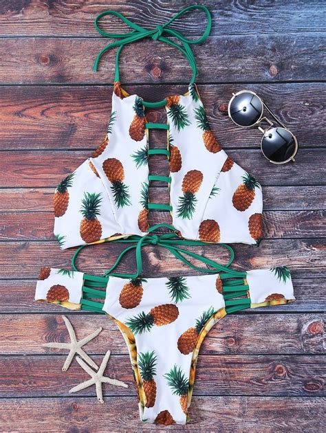 1999 Ladder Cutout Pineapple Print Bikini White S Bikinis