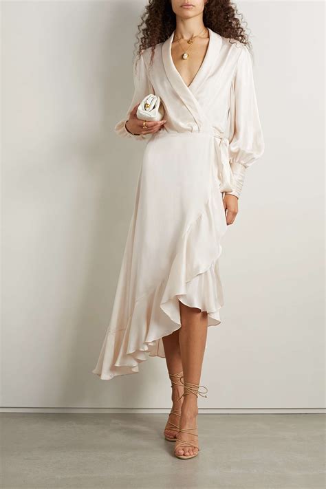 Cream Asymmetric ruffled silk-satin wrap dress | ZIMMERMANN | NET-A-PORTER