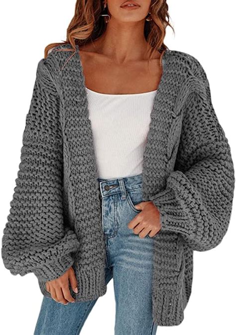 Puimentiua Womens Open Front Chunky Knit Cardigan Sweater Long Sleeve Loose Lantern Sleeve Knit