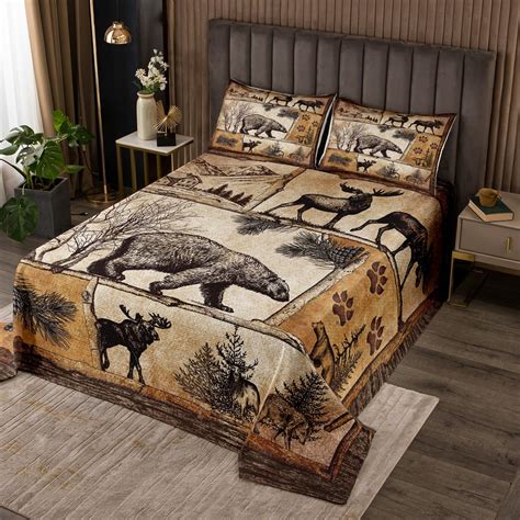 Lodge Cabin Quilt Set Woodland Animals Farmhouse Bedspread Set King