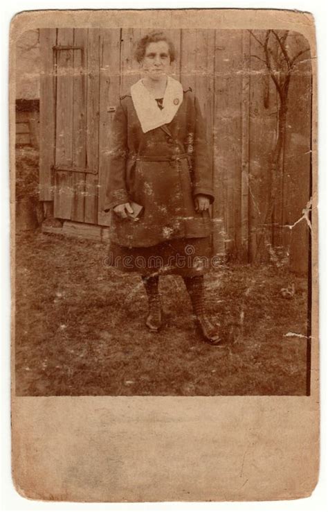 Vintage Photo Shows Rural Woman Poses Outside Retro Black And White