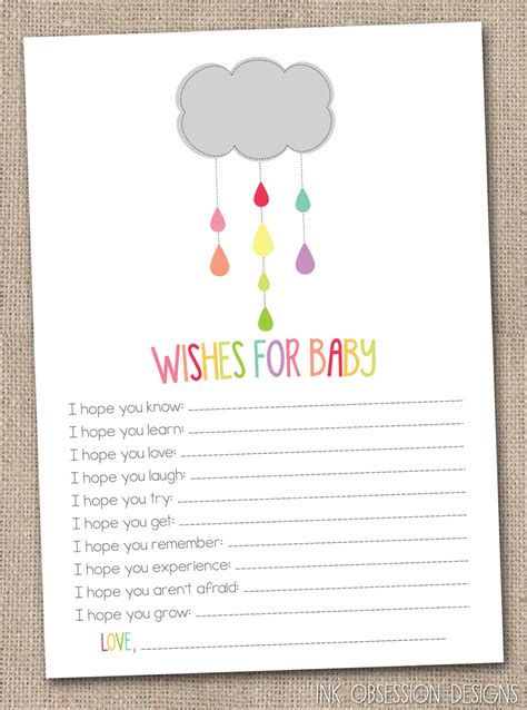 I have made baby shower invitations, baby shower games, gift tags, labels, cute cupcake toppers, candy wrappers and many more free printables for your baby shower party. Printable Baby Wishes Card Colorful Shower by InkObsessionDesigns