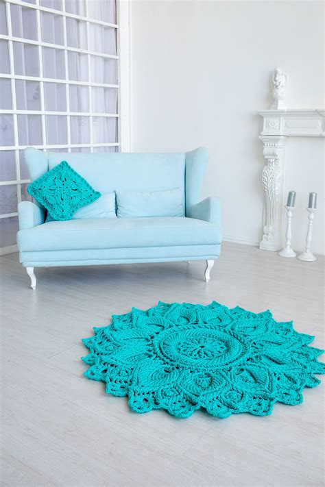 Turquoise Crochet Rug And Pillow Set Rug 51 Pillow Etsy