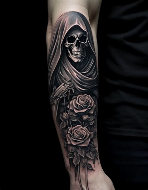Grim Reaper Tattoo With Detailed Roses Grim Reaper Tattoo Skull