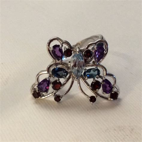 Silver Butterfly Ring Set With Natural Amethyst Garnet And Topaz