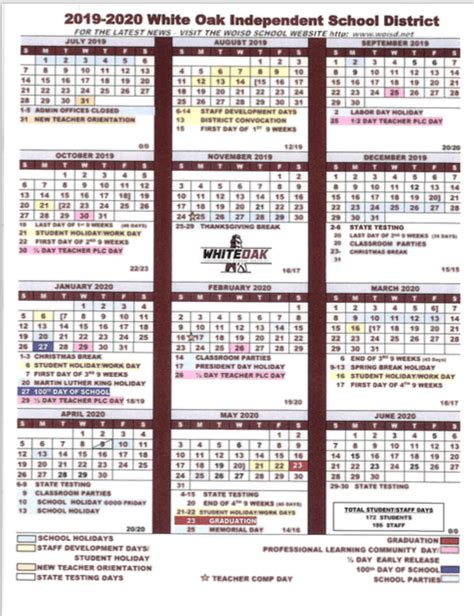 2019 2020 School Calendar White Oak Intermediate School