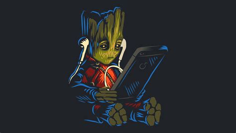 1360x768 Baby Groot Listening To Music While Using Phone Laptop Hd Hd