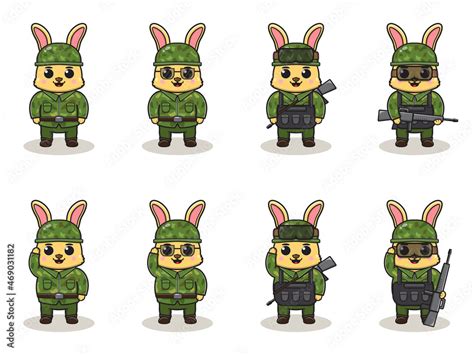 Cute Rabbit Army Cartoon Set Of Animal Soldiers Flat Animal Cartoon