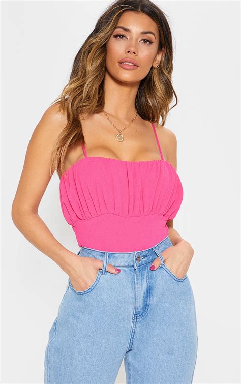 Hot Pink Ruched Bust Sleeveless Bodysuit Prettylittlething