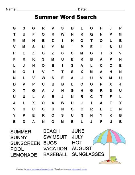 This Is A Free Word Search Containing 100 Words Associated Summer