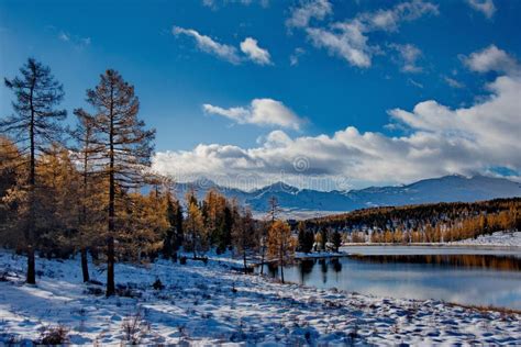 First Snow In The Altai Mountains Stock Image Image Of Water Lake