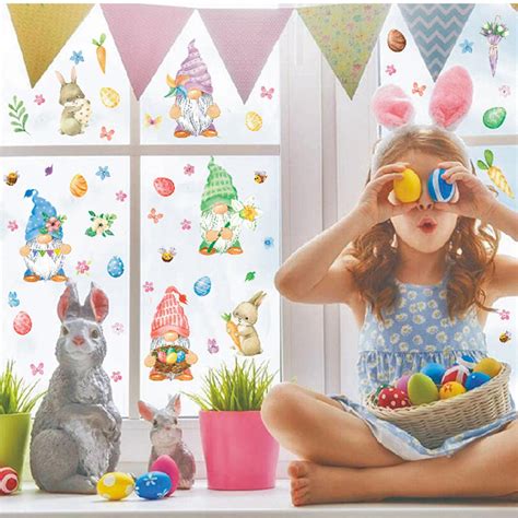 Happy Easter Window Clings Gnome Bunny Eggs Wall Sticker Glass Static