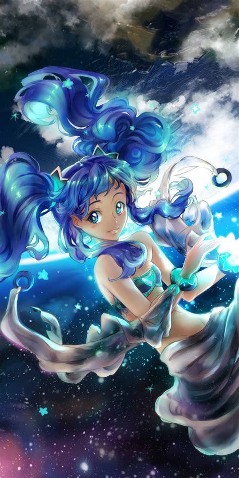 Download 1080x2160 Wallpaper Moon Light Blue Hair Anime Girl Dive