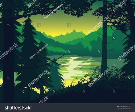 High Quality Background Landscape River Forest Stock Vector 394081732