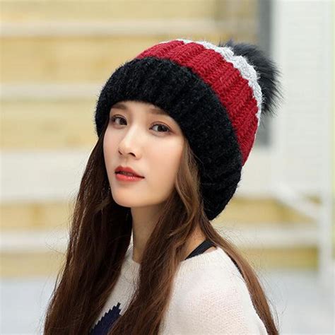 Autumn Winter Hat Female Ball Fur Pom Poms Hats For Women Ladies Hat Knitted Beanies Cap Hat