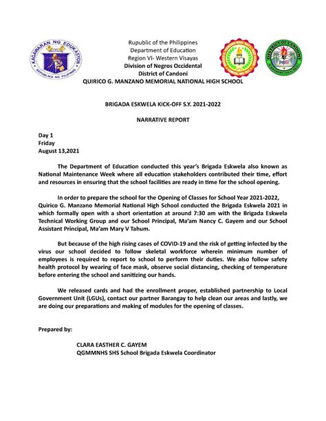 Brigada Narrative Report 2021 Shs Rupublic Of The Philippines