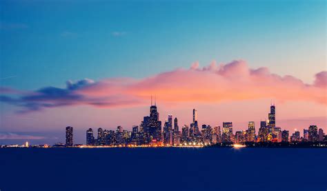 Usa Illinois Chicago Lake Michigan Endurance Evening Sunset Sky Clouds