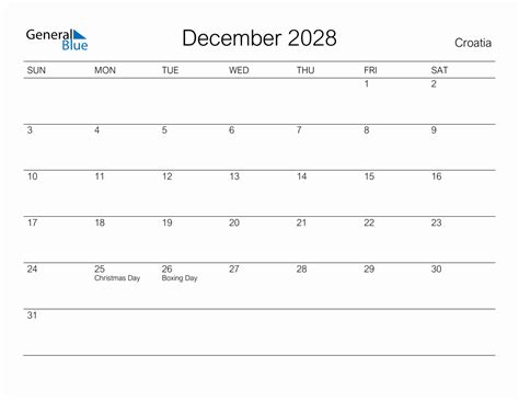 Printable December 2028 Monthly Calendar With Holidays For Croatia