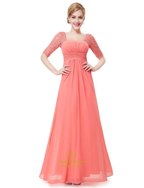 Elegant Peach Long Chiffon Bridesmaid Dresses With Lace Sleeves Vampal Dresses