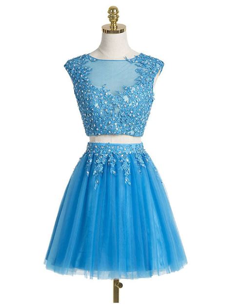 two piece homecoming dress scoop appliques blue short prom dress sexy anna promdress