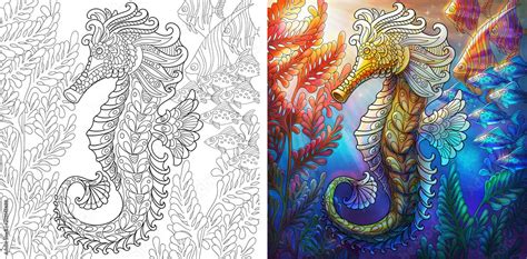 Coloring Page And Color Sample Of Underwater Background Seahorse And