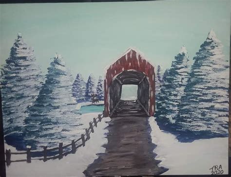 Snowy Covered Bridge Covered Bridges Snowy Painting