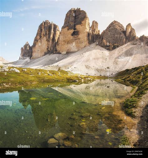 The Famous 3 Peaks Of Lavaredo Reflected In The Water Stock Photo Alamy