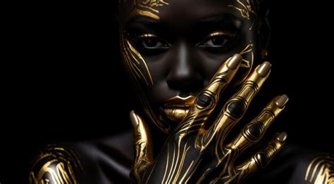 Premium Ai Image Beauty Woman Painted In Black Skin Color Body Art Gold Makeup Lips Eyelids