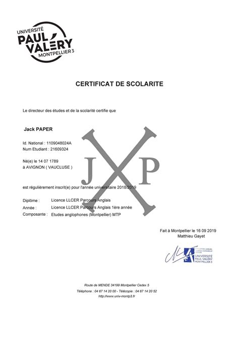 Certificat De ScolaritÉ Jack Paper