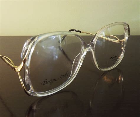 big womens eyeglasses funky 1980s white see through clear and gold metal frames vintage