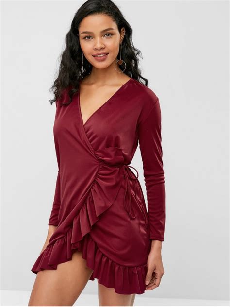24 Off 2020 Ruffled Long Sleeve Wrap Dress In Red Wine