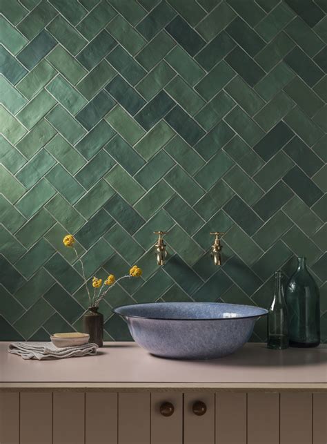 Zellige Nouveau Metro Emerald Matt Ceramic In 2020 Herringbone Tile