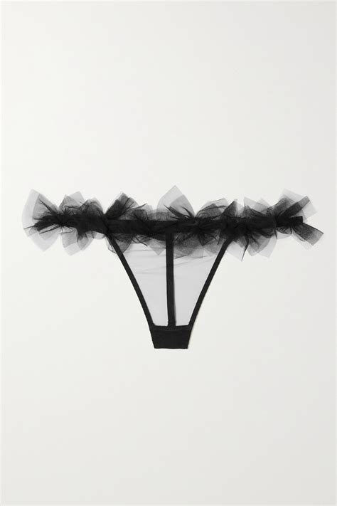 Agent Provocateur Fawn Trixie Bow Detailed Tulle Thong In Black Modesens