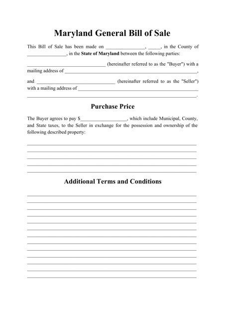 Maryland Generic Bill Of Sale Form Fill Out Sign Online And Download