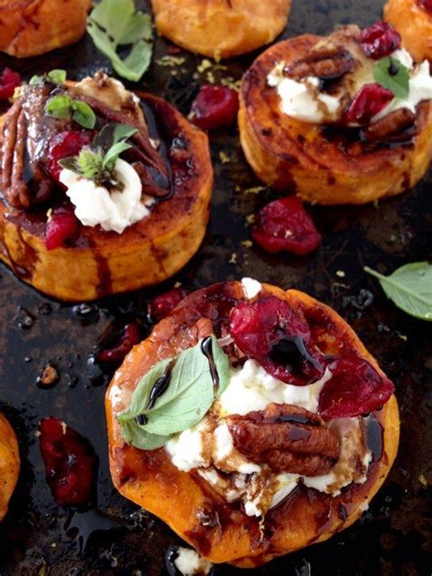 Mashed sweet potatoes are mixed with goat cheese, butter, sage, and paprika for a savory twist on the traditional thanksgiving side dish. Sweet Potato Rounds with Goat Cheese Appetizer | Recipe ...