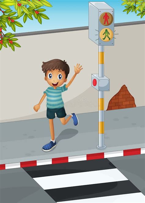 Um Menino Feliz Que Acena Sua Mão Perto Da Pista Pedestre Ilustração