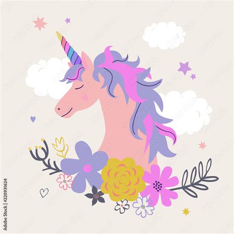 Vector Cute Illustration Of Unicorn With Flowers Modern Magical