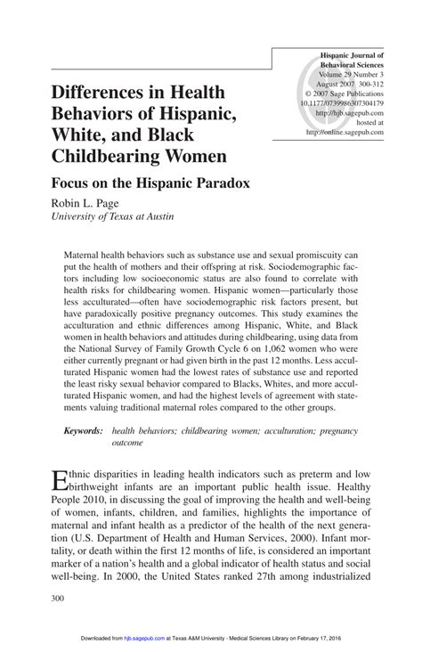 Pdf Differences In Health Behaviors Of Hispanic White And Black