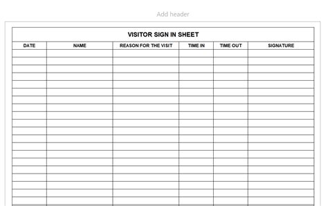 Printable Visitor Sign In Sheet Template Printable Templates Free