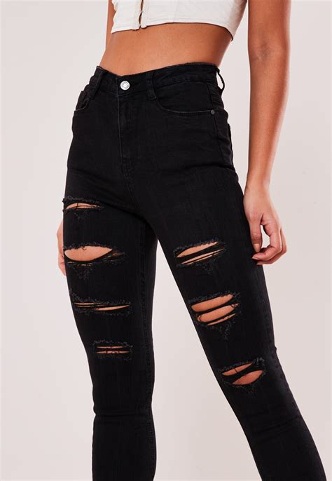 Missguided Denim Black High Waisted Extreme Ripped Skinny Jeans Save