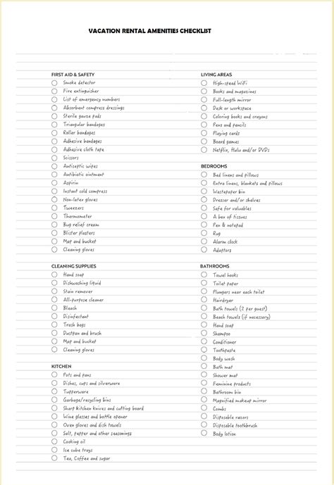 vacation rental amenities checklist template sample geneevarojr