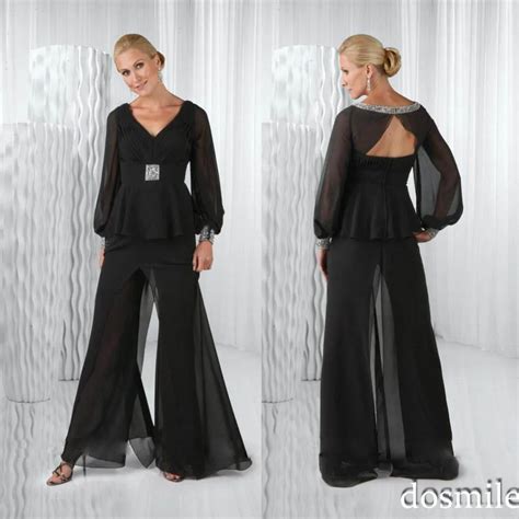 Plus Size 2016 Black Chiffon Mother Of The Bride Pant Suits Long