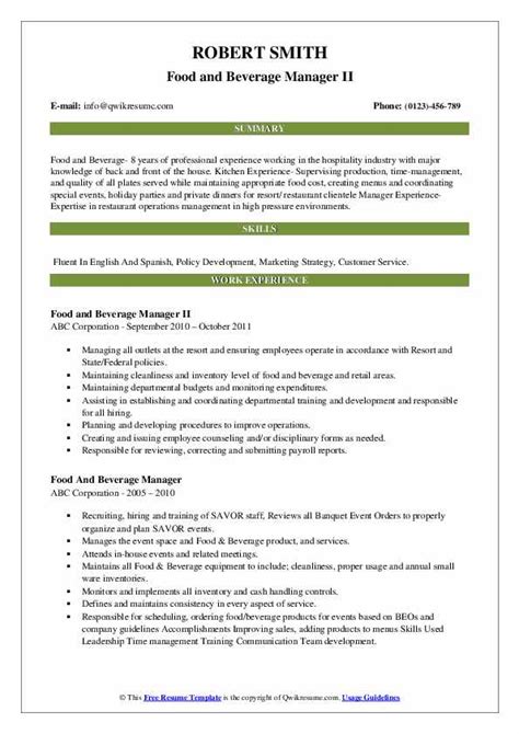 Food and beverage attendant iii resume. Food And Beverage Manager Resume Samples | QwikResume