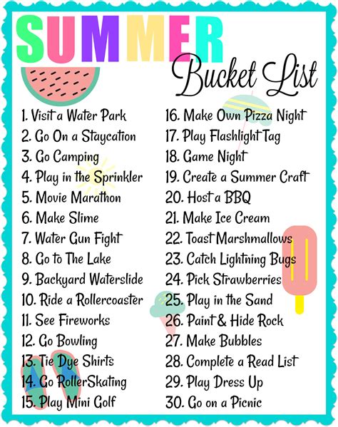 Printable Summer Bucket List