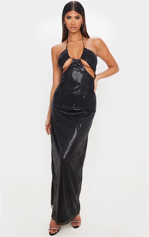 Black Sequin Cut Out Detail Halterneck Maxi Dress Prettylittlething Qa